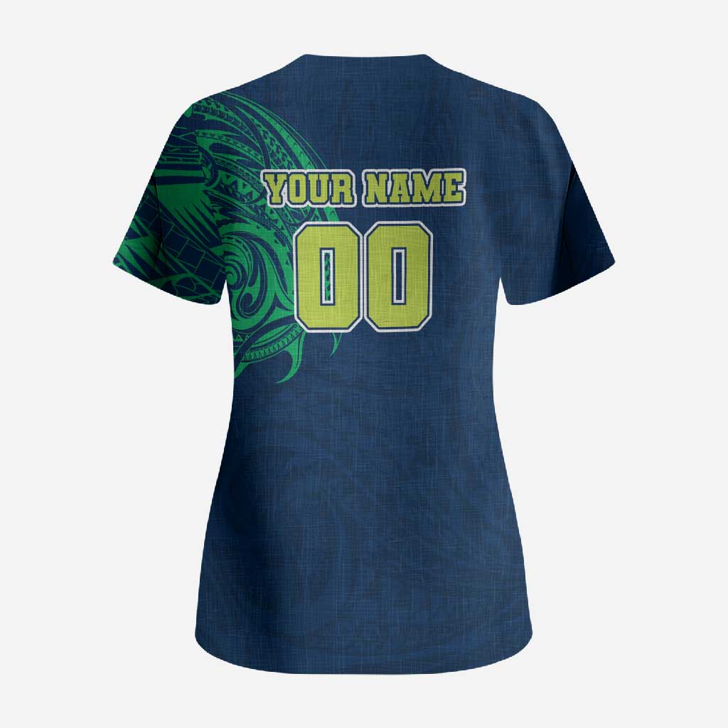 Personalized Canberra Raiders Scrub Top Polynesian Tribal Chest and Sleeve Tattoo