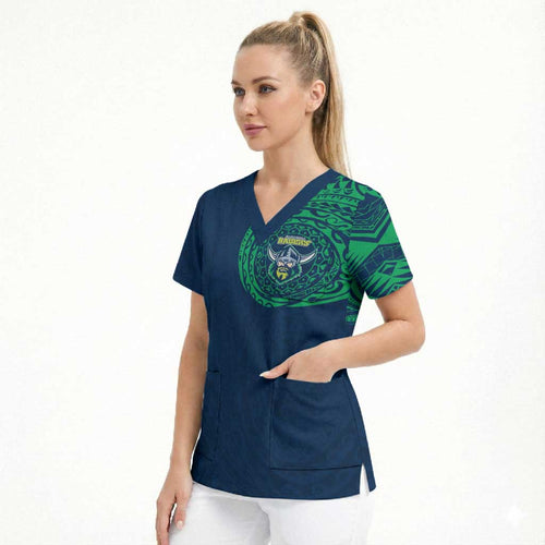 Personalized Canberra Raiders Scrub Top Polynesian Tribal Chest and Sleeve Tattoo