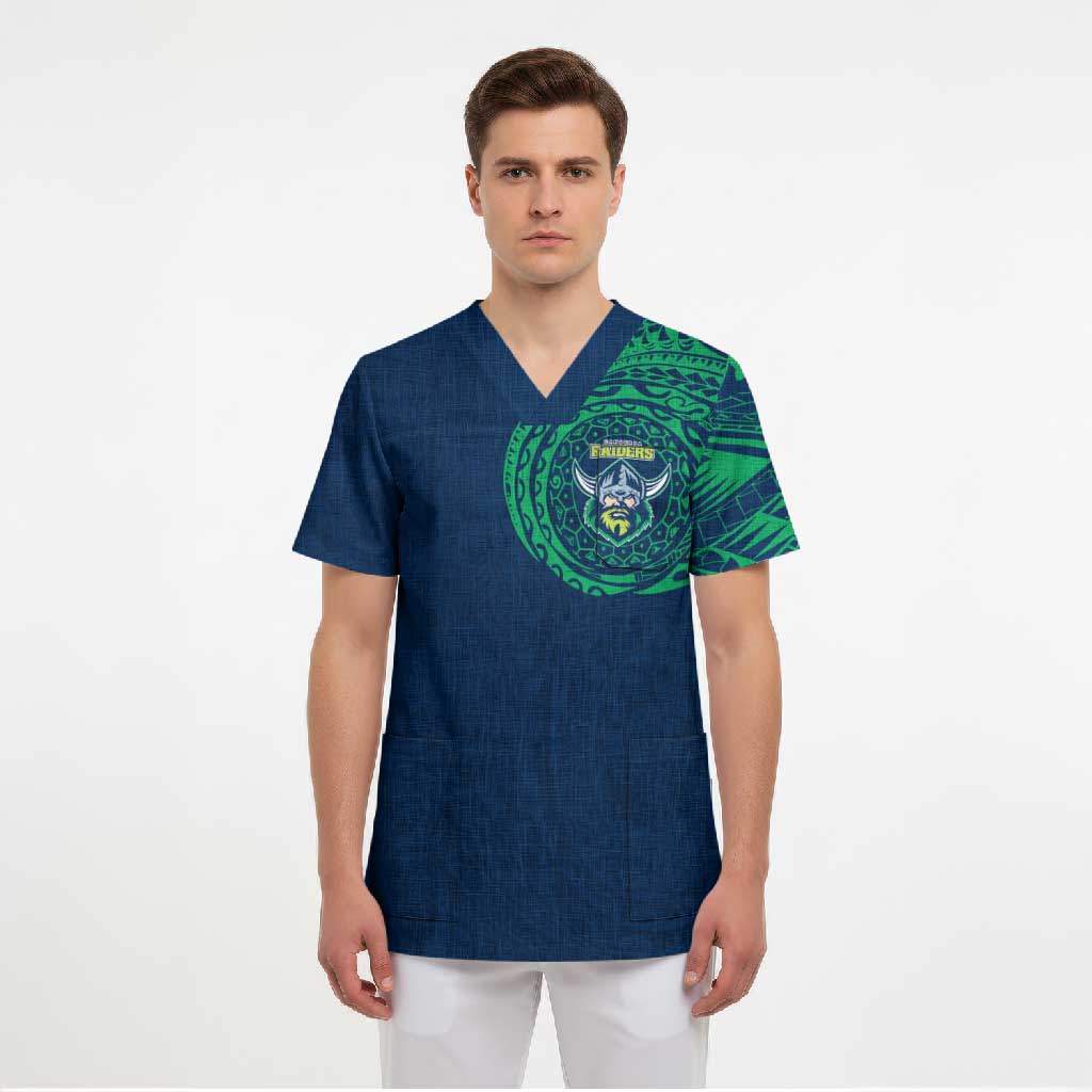 Personalized Canberra Raiders Scrub Top Polynesian Tribal Chest and Sleeve Tattoo