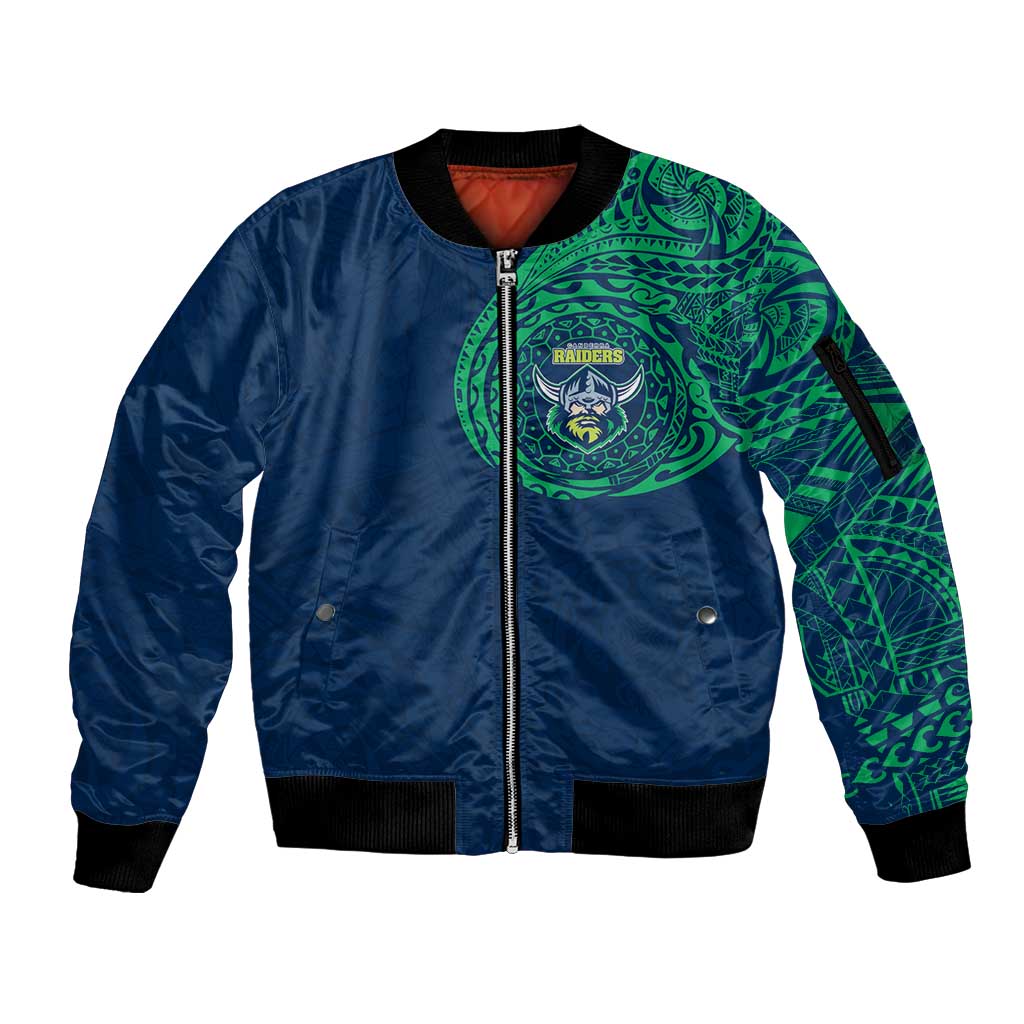 Personalized Canberra Raiders Sleeve Zip Bomber Jacket Polynesian Tribal Chest and Sleeve Tattoo
