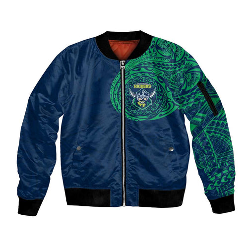 Personalized Canberra Raiders Sleeve Zip Bomber Jacket Polynesian Tribal Chest and Sleeve Tattoo