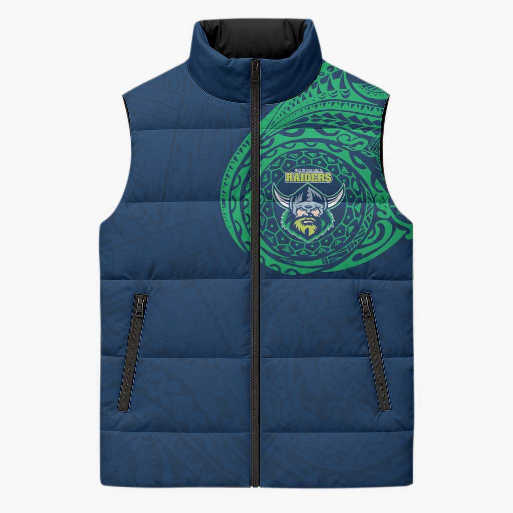 Personalized Canberra Raiders Sleeveless Puffer Jacket Polynesian Tribal Chest and Sleeve Tattoo