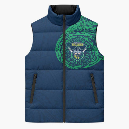 Personalized Canberra Raiders Sleeveless Puffer Jacket Polynesian Tribal Chest and Sleeve Tattoo