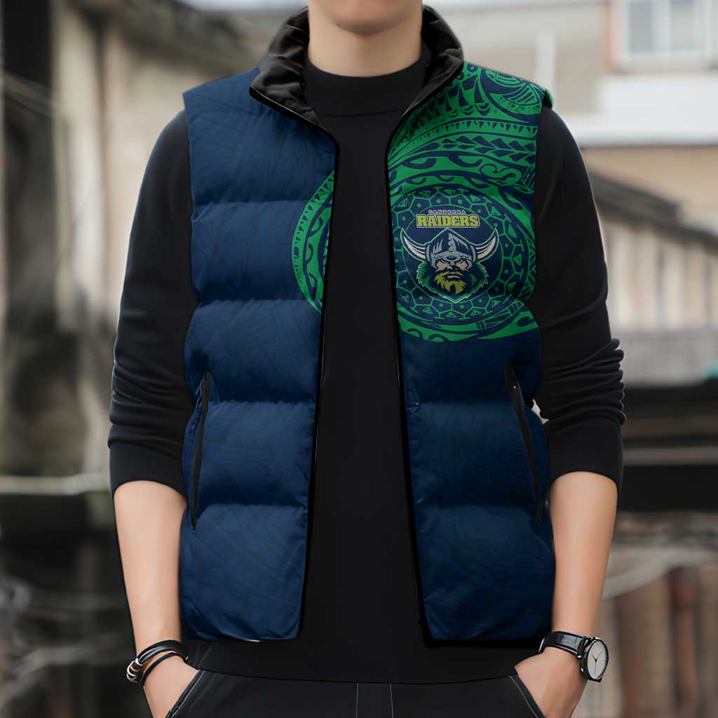 Personalized Canberra Raiders Sleeveless Puffer Jacket Polynesian Tribal Chest and Sleeve Tattoo