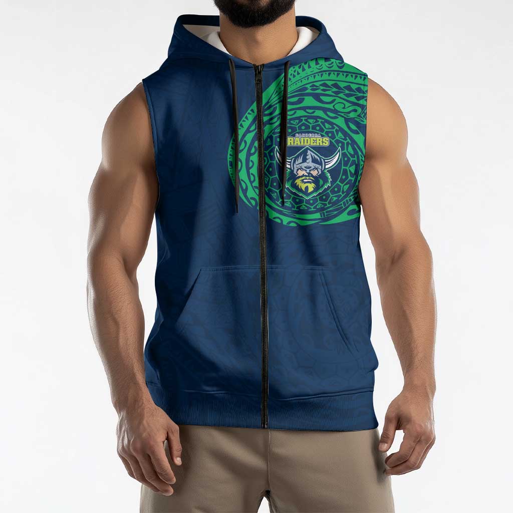 Personalized Canberra Raiders Sleeveless Zip Hoodie Polynesian Tribal Chest and Sleeve Tattoo