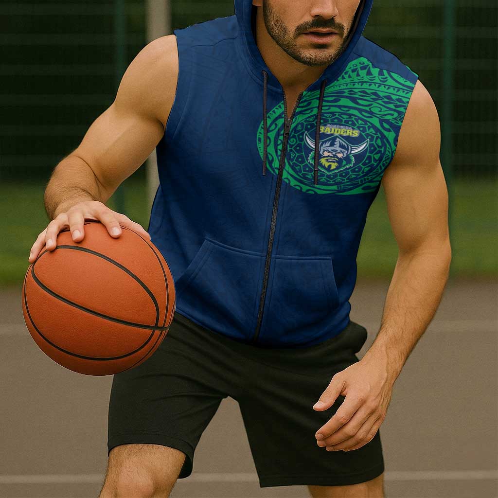 Personalized Canberra Raiders Sleeveless Zip Hoodie Polynesian Tribal Chest and Sleeve Tattoo