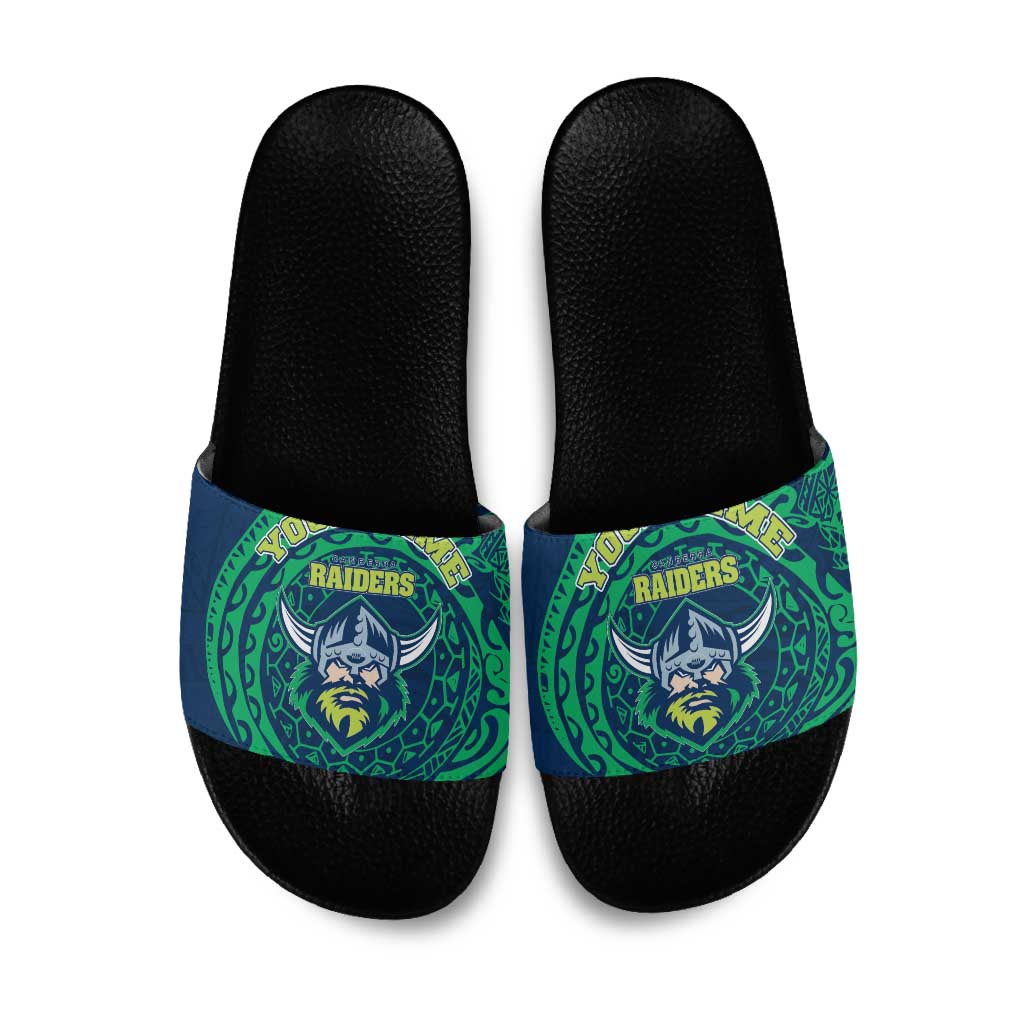 Personalized Canberra Raiders Slide Sandals Polynesian Tribal Chest and Sleeve Tattoo