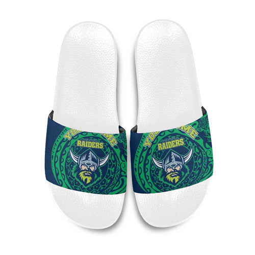 Personalized Canberra Raiders Slide Sandals Polynesian Tribal Chest and Sleeve Tattoo