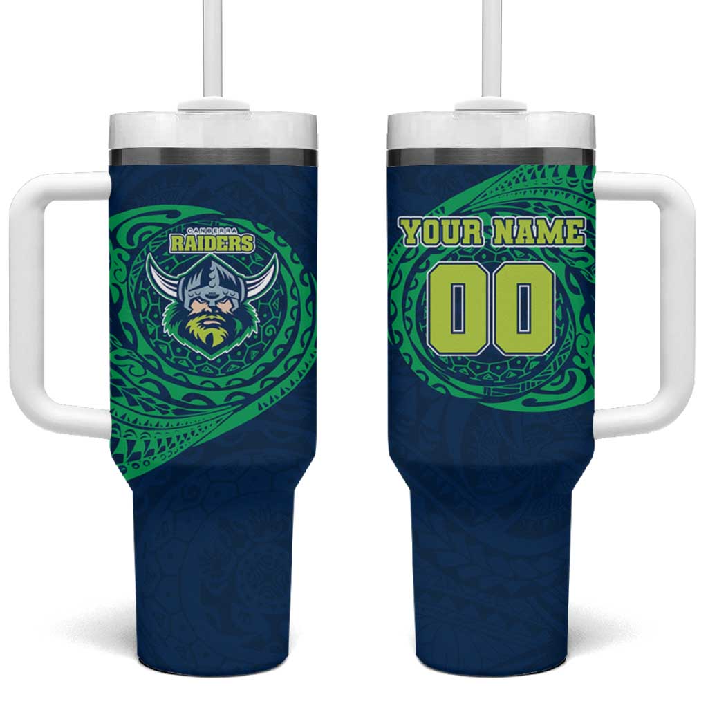 Personalized Canberra Raiders Tumbler With Handle Polynesian Tribal Chest and Sleeve Tattoo