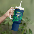 Personalized Canberra Raiders Tumbler With Handle Polynesian Tribal Chest and Sleeve Tattoo