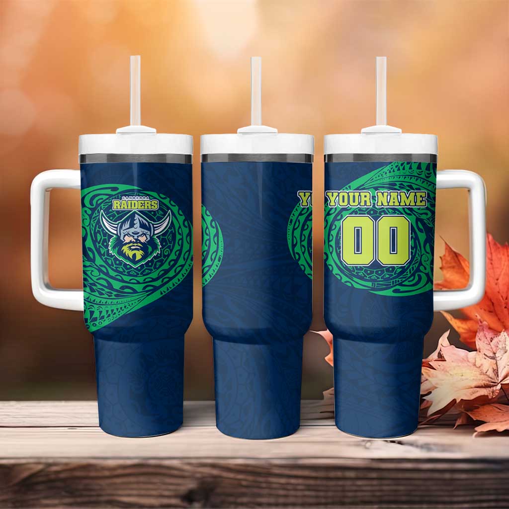 Personalized Canberra Raiders Tumbler With Handle Polynesian Tribal Chest and Sleeve Tattoo