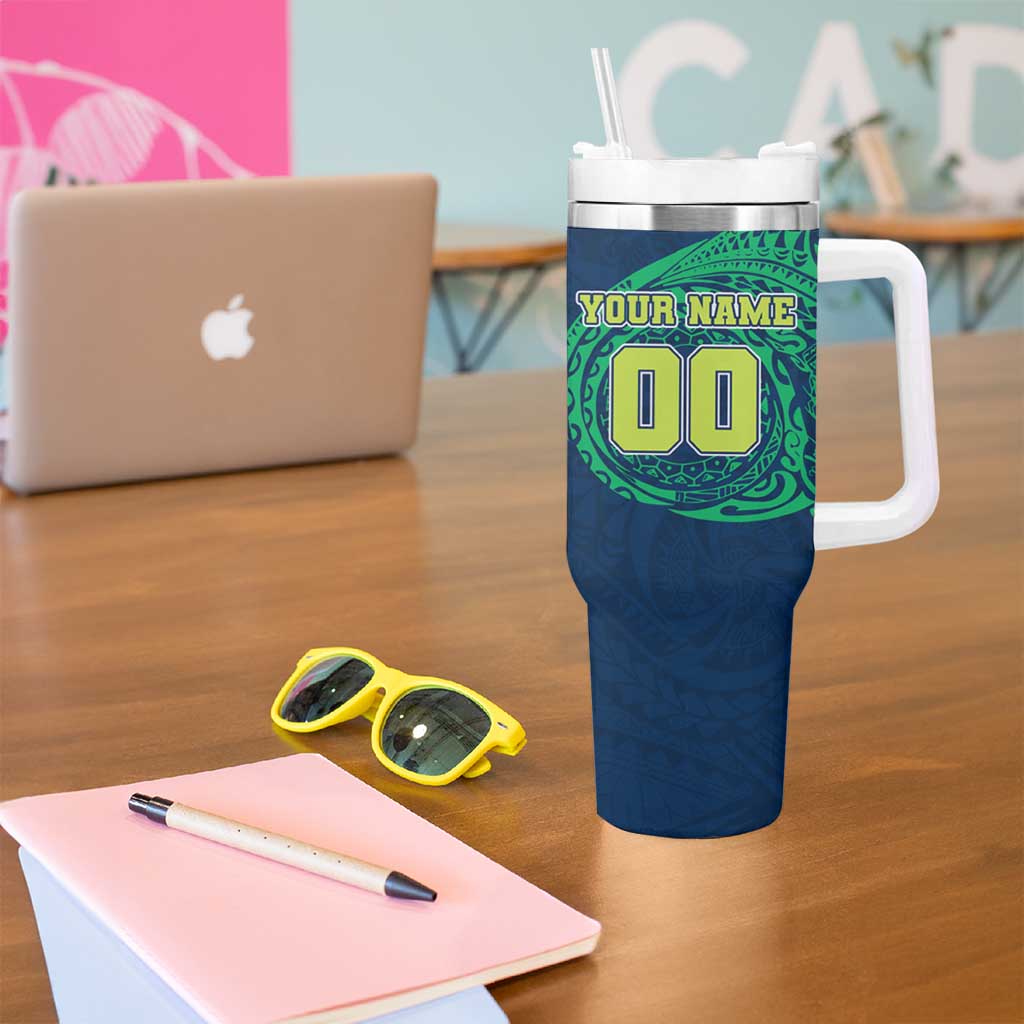 Personalized Canberra Raiders Tumbler With Handle Polynesian Tribal Chest and Sleeve Tattoo