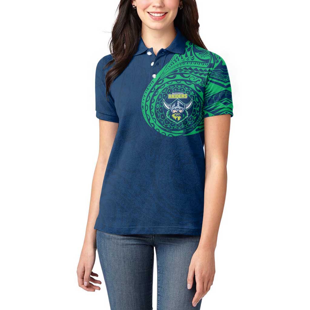 Personalized Canberra Raiders Women Polo Shirt Polynesian Tribal Chest and Sleeve Tattoo
