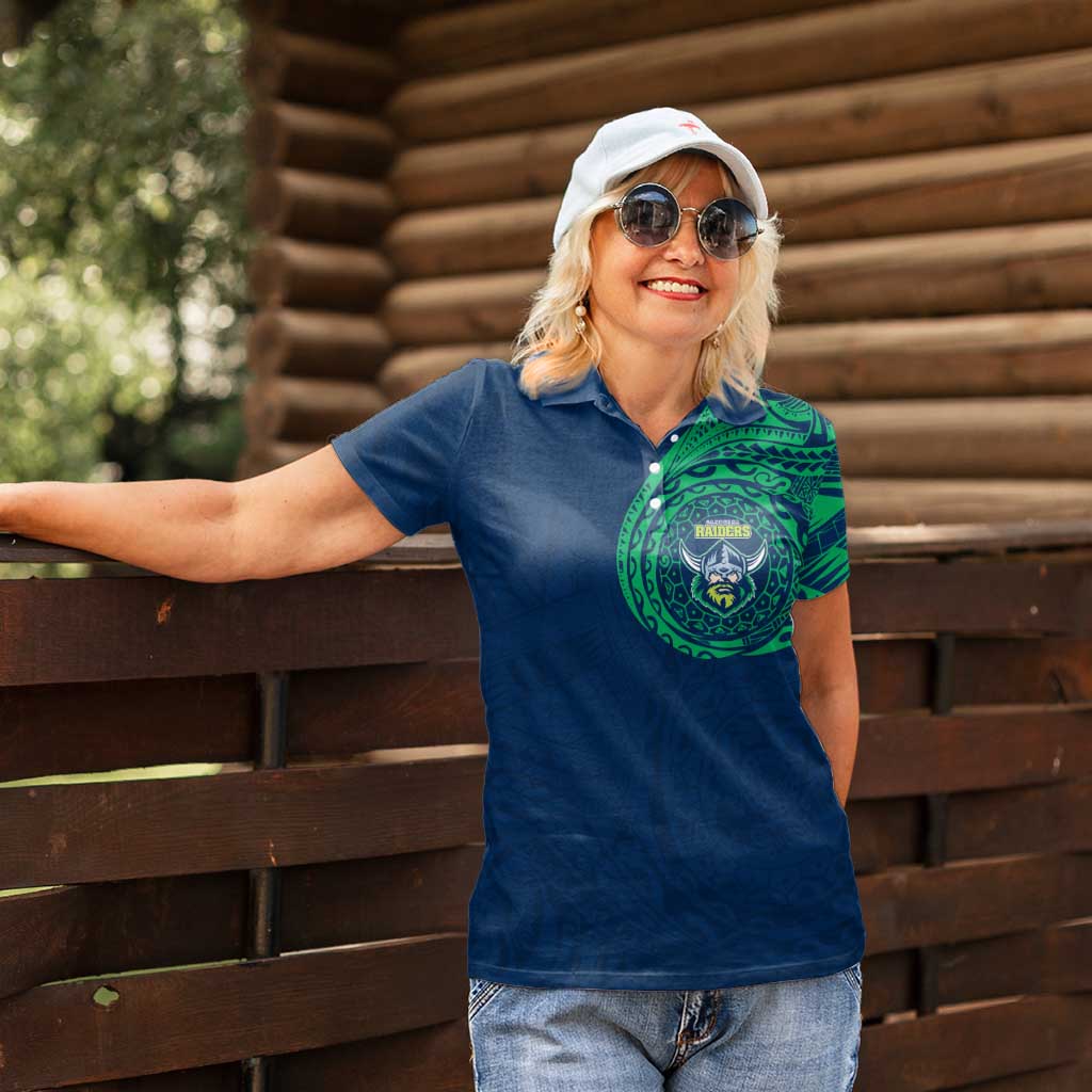 Personalized Canberra Raiders Women Polo Shirt Polynesian Tribal Chest and Sleeve Tattoo