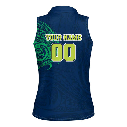 Personalized Canberra Raiders Women Sleeveless Polo Shirt Polynesian Tribal Chest and Sleeve Tattoo