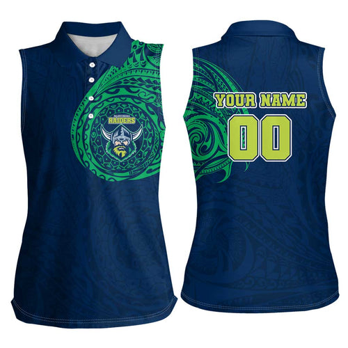 Personalized Canberra Raiders Women Sleeveless Polo Shirt Polynesian Tribal Chest and Sleeve Tattoo