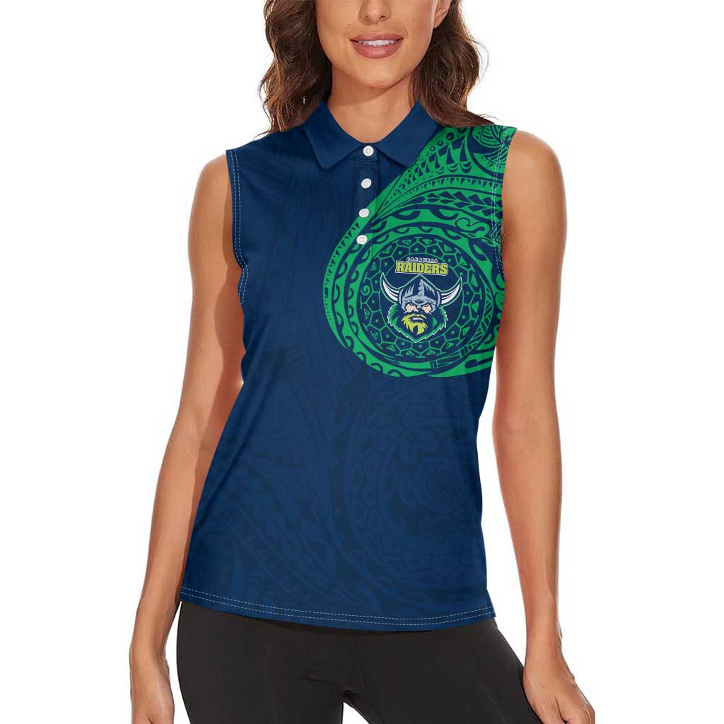 Personalized Canberra Raiders Women Sleeveless Polo Shirt Polynesian Tribal Chest and Sleeve Tattoo