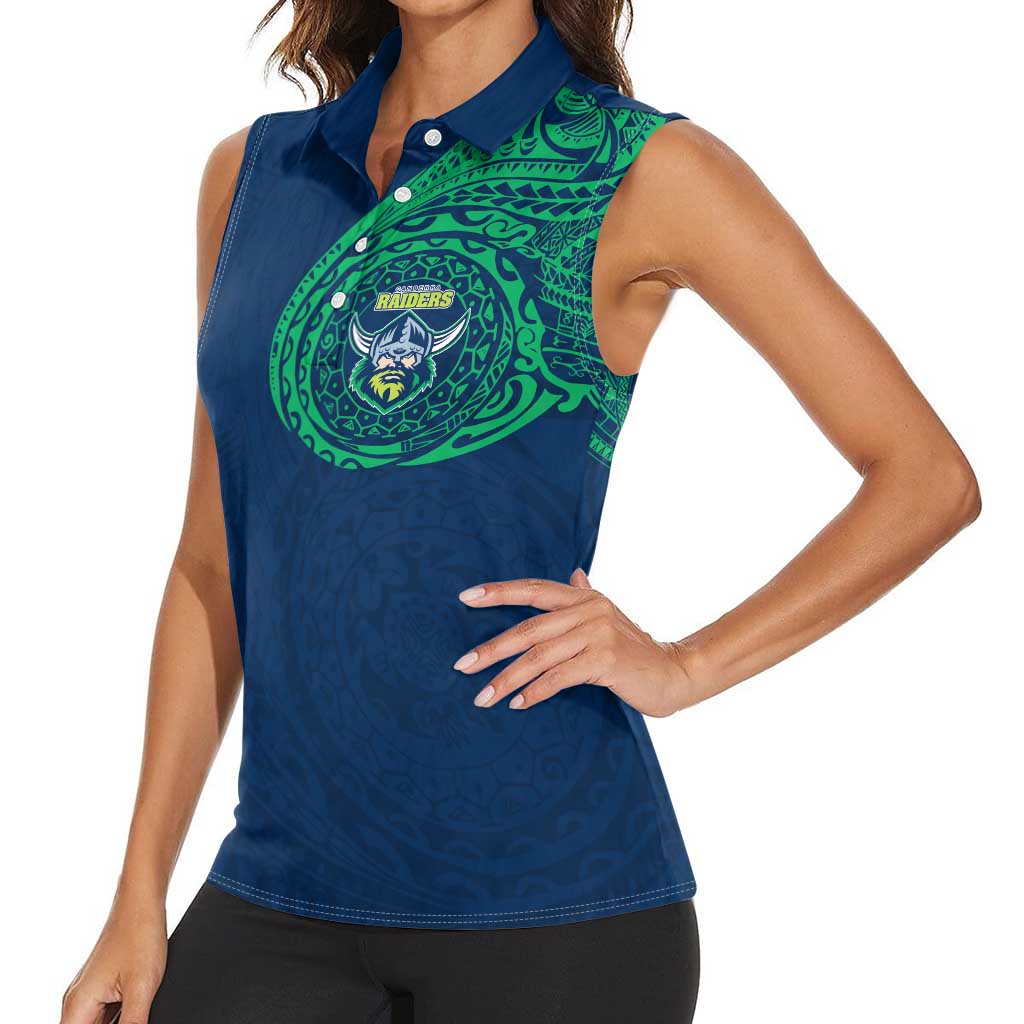 Personalized Canberra Raiders Women Sleeveless Polo Shirt Polynesian Tribal Chest and Sleeve Tattoo
