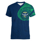 Personalized Canberra Raiders Women V-Neck T-Shirt Polynesian Tribal Chest and Sleeve Tattoo