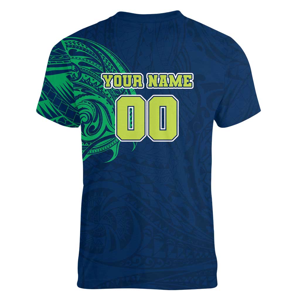Personalized Canberra Raiders Women V-Neck T-Shirt Polynesian Tribal Chest and Sleeve Tattoo