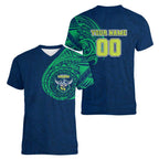 Personalized Canberra Raiders Women V-Neck T-Shirt Polynesian Tribal Chest and Sleeve Tattoo