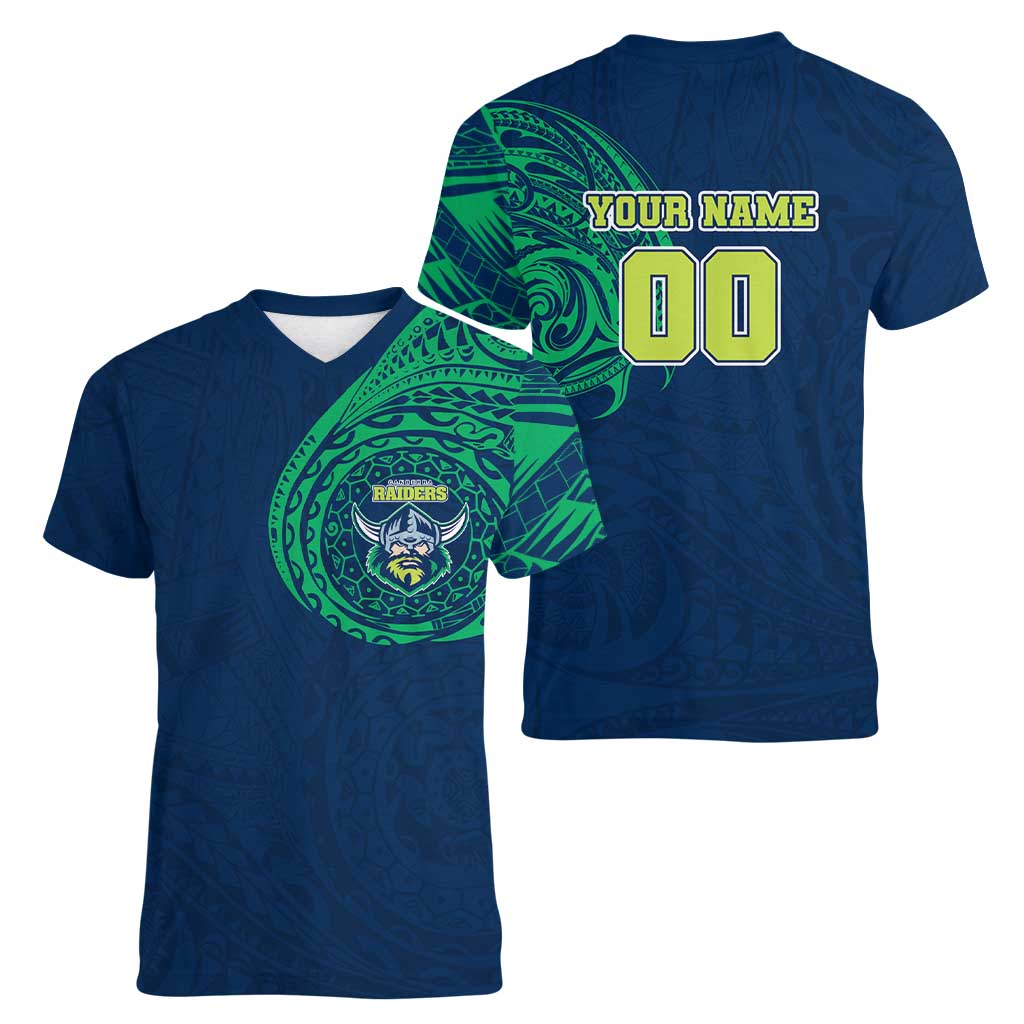 Personalized Canberra Raiders Women V-Neck T-Shirt Polynesian Tribal Chest and Sleeve Tattoo