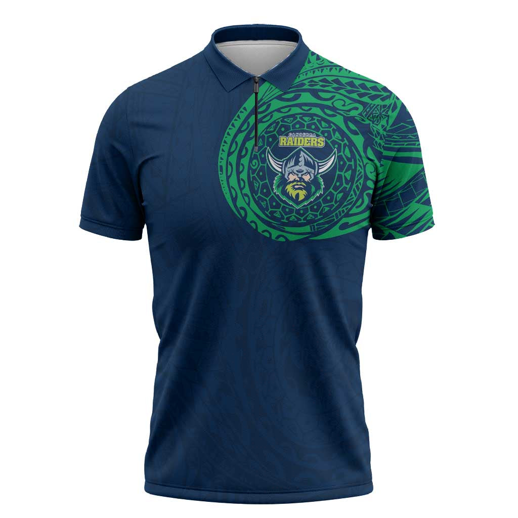 Personalized Canberra Raiders Zipper Polo Shirt Polynesian Tribal Chest and Sleeve Tattoo