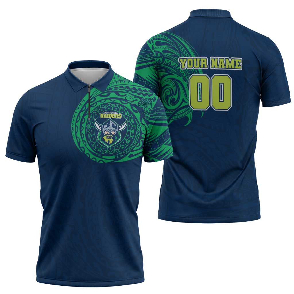 Personalized Canberra Raiders Zipper Polo Shirt Polynesian Tribal Chest and Sleeve Tattoo