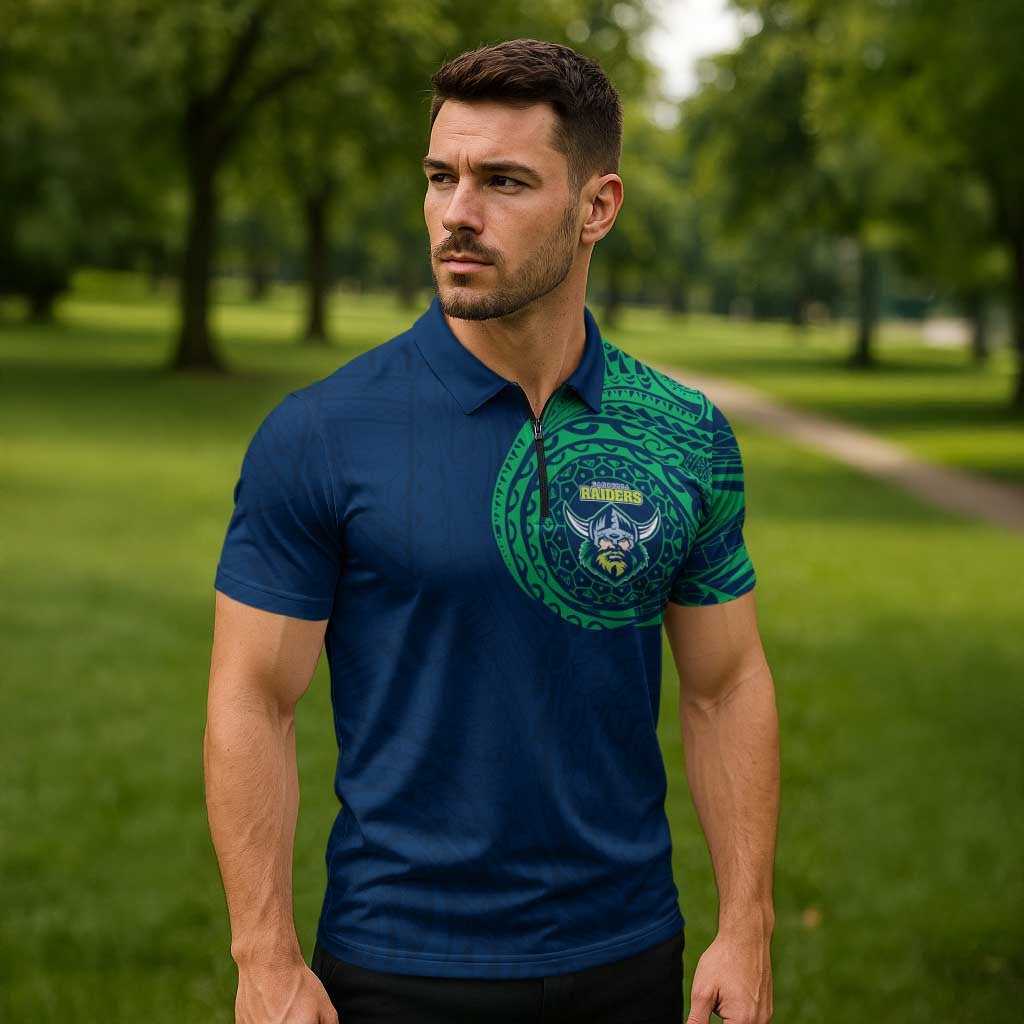 Personalized Canberra Raiders Zipper Polo Shirt Polynesian Tribal Chest and Sleeve Tattoo
