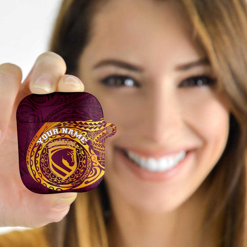 Personalized Brisbane Broncos AirPods Case Polynesian Tribal Chest and Sleeve Tattoo