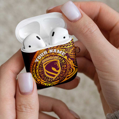 Personalized Brisbane Broncos AirPods Case Polynesian Tribal Chest and Sleeve Tattoo