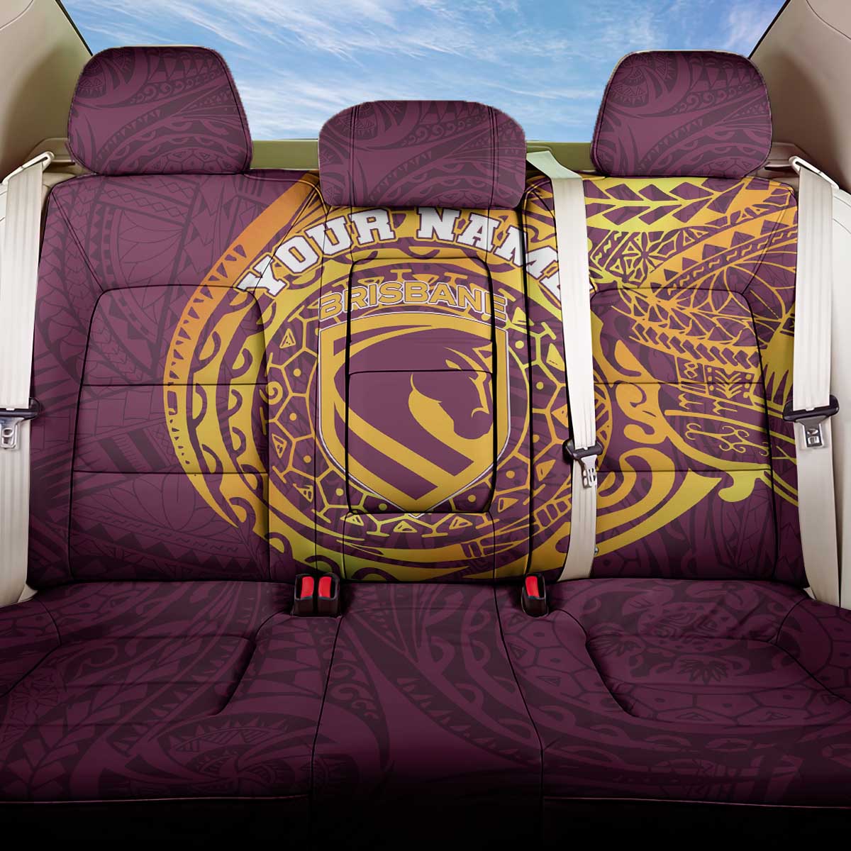 Personalized Brisbane Broncos Back Car Seat Cover Polynesian Tribal Chest and Sleeve Tattoo