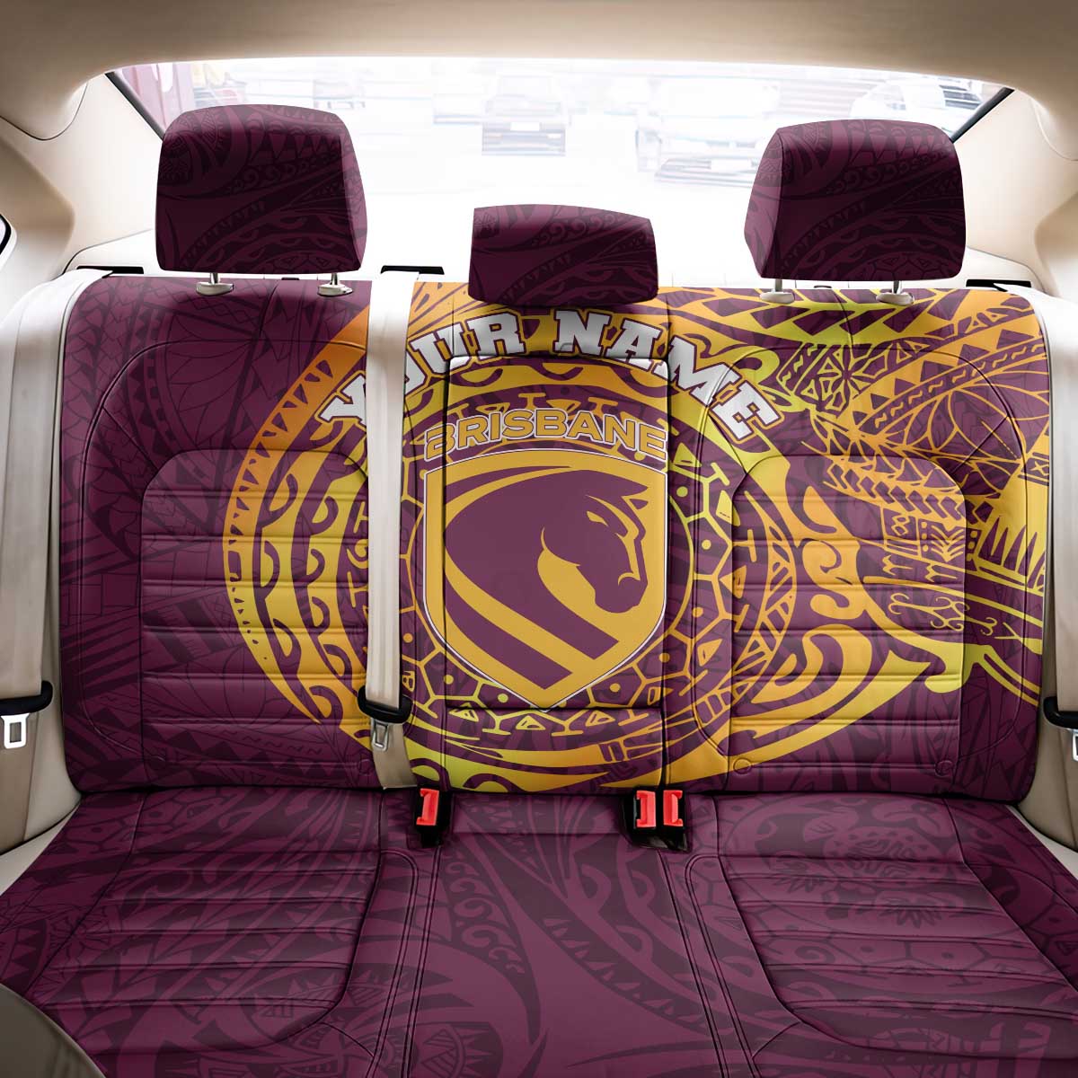 Personalized Brisbane Broncos Back Car Seat Cover Polynesian Tribal Chest and Sleeve Tattoo