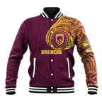 Personalized Brisbane Broncos Baseball Jacket Polynesian Tribal Chest and Sleeve Tattoo