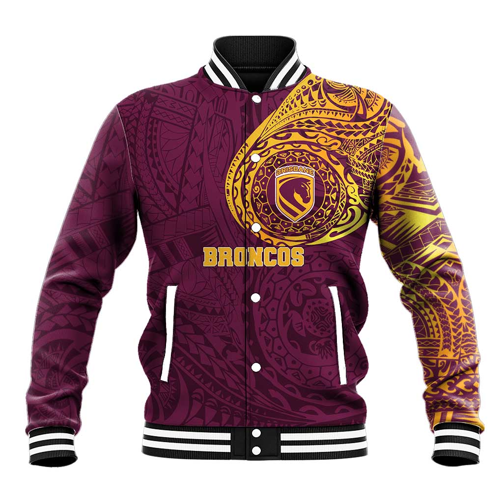Personalized Brisbane Broncos Baseball Jacket Polynesian Tribal Chest and Sleeve Tattoo