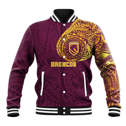 Personalized Brisbane Broncos Baseball Jacket Polynesian Tribal Chest and Sleeve Tattoo