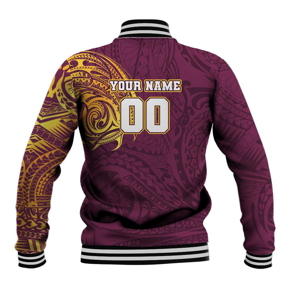 Personalized Brisbane Broncos Baseball Jacket Polynesian Tribal Chest and Sleeve Tattoo