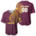 Personalized Brisbane Broncos Baseball Jersey Polynesian Tribal Chest and Sleeve Tattoo