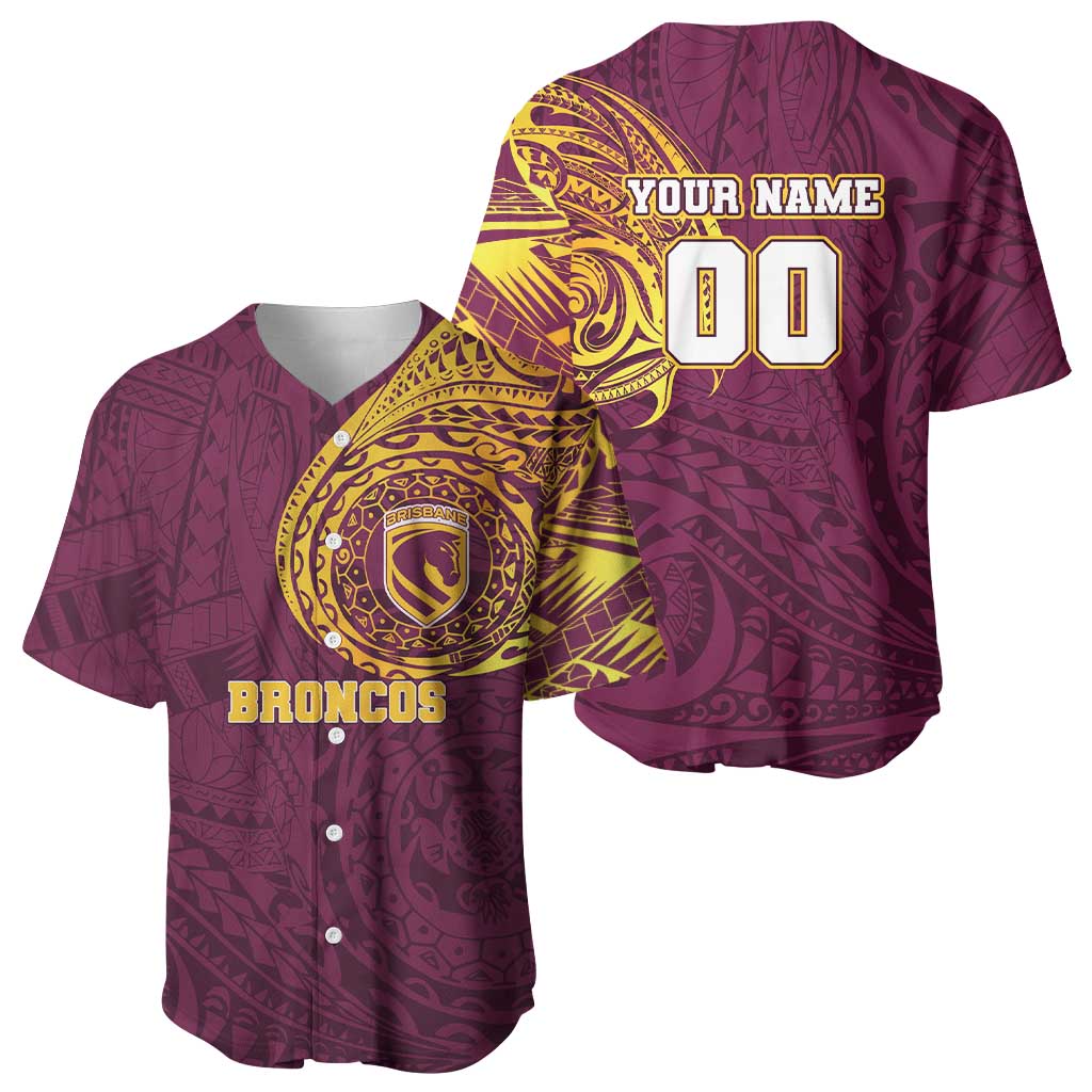 Personalized Brisbane Broncos Baseball Jersey Polynesian Tribal Chest and Sleeve Tattoo