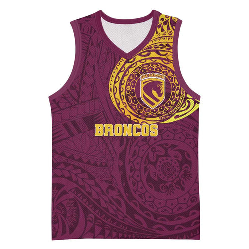 Personalized Brisbane Broncos Basketball Jersey Polynesian Tribal Chest and Sleeve Tattoo