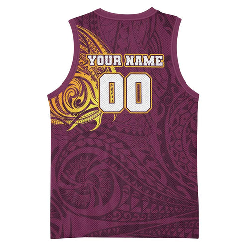 Personalized Brisbane Broncos Basketball Jersey Polynesian Tribal Chest and Sleeve Tattoo