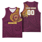 Personalized Brisbane Broncos Basketball Jersey Polynesian Tribal Chest and Sleeve Tattoo