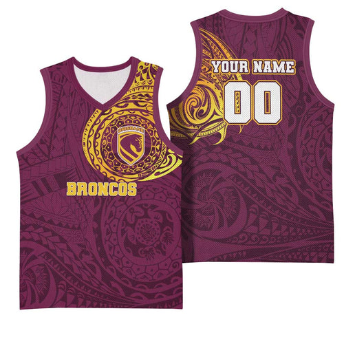 Personalized Brisbane Broncos Basketball Jersey Polynesian Tribal Chest and Sleeve Tattoo