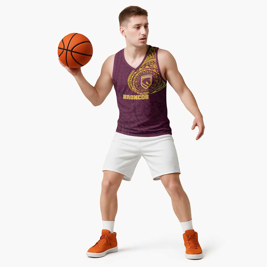 Personalized Brisbane Broncos Basketball Jersey Polynesian Tribal Chest and Sleeve Tattoo