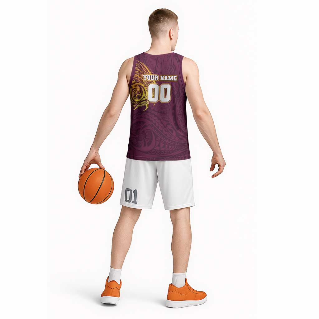 Personalized Brisbane Broncos Basketball Jersey Polynesian Tribal Chest and Sleeve Tattoo
