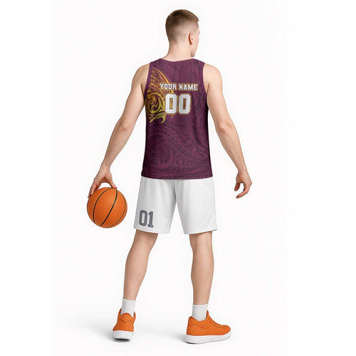 Personalized Brisbane Broncos Basketball Jersey Polynesian Tribal Chest and Sleeve Tattoo