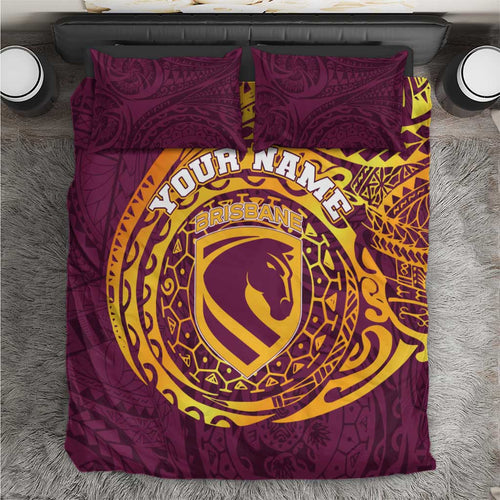 Personalized Brisbane Broncos Bedding Set Polynesian Tribal Chest and Sleeve Tattoo