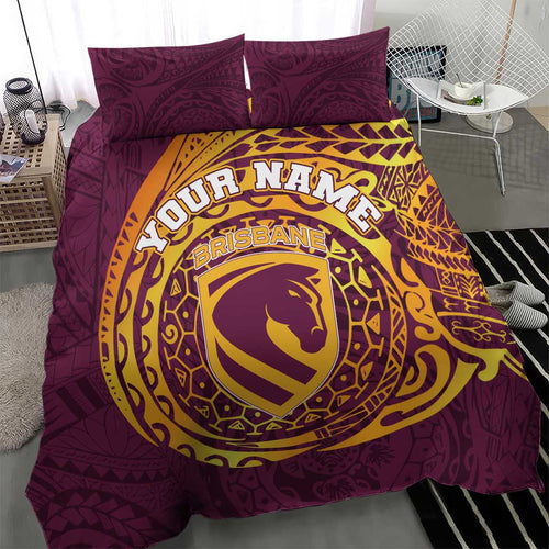 Personalized Brisbane Broncos Bedding Set Polynesian Tribal Chest and Sleeve Tattoo