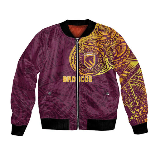 Personalized Brisbane Broncos Bomber Jacket Polynesian Tribal Chest and Sleeve Tattoo