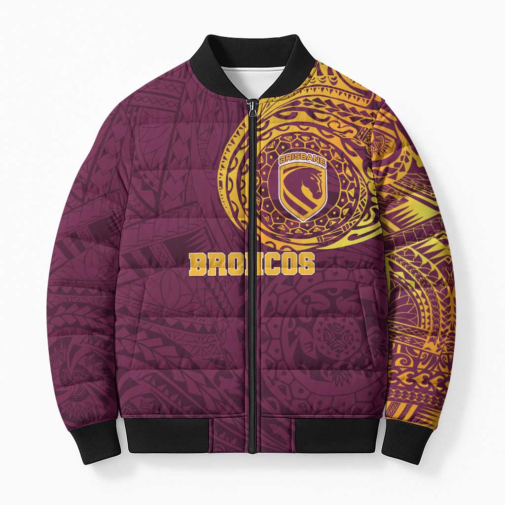 Personalized Brisbane Broncos Bomber Puffer Jacket Polynesian Tribal Chest and Sleeve Tattoo